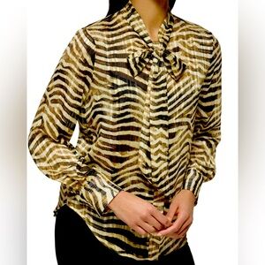 DKNY Women Animal Print Tie Neck Metallic Blouse Top Shirt new size XL